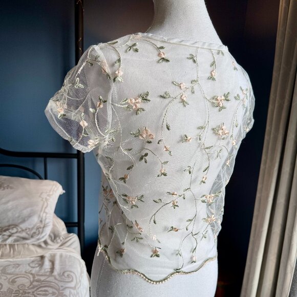 White Mesh With Pink Floral Embroidered Pattern T Shirt - Picture 4 of 7